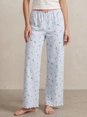 Messy Bun Just Chillin Coquette Tulip Bow Pajama Pants Light Blue Floral Lounge